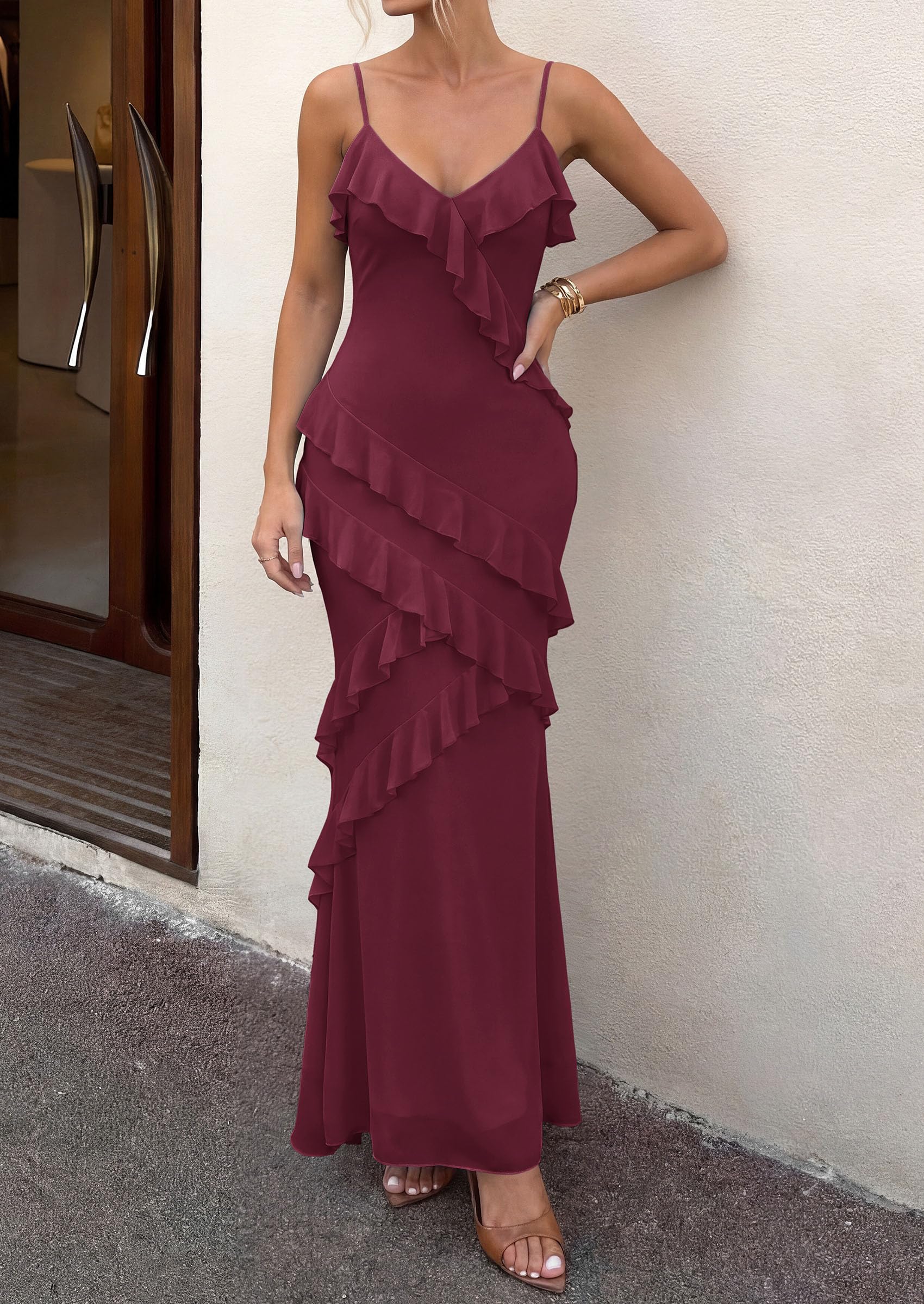 PRETTYGARDEN Women Wedding Guest Cocktail Maxi Dress Spaghetti Strap Sleeveless V Neck Bodycon Mesh Party Summer Outfits