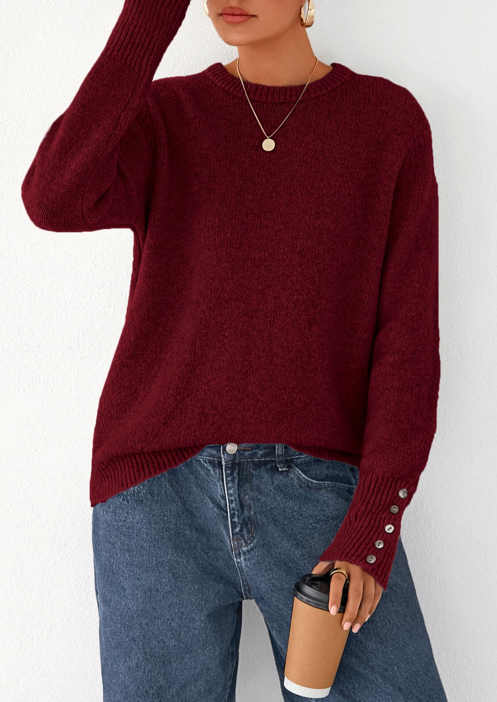 PRETTYGARDEN Womens Sweaters Fall Fashion Casual Crewneck Pullover Button Long Sleeve Cute Knit Tops Winter Clothes