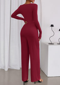 PRETTYGARDEN Jumpsuits for Women Dressy Casual Fall One Piece Outfits Long Sleeve Crew Neck Wide Leg Pants Rompers