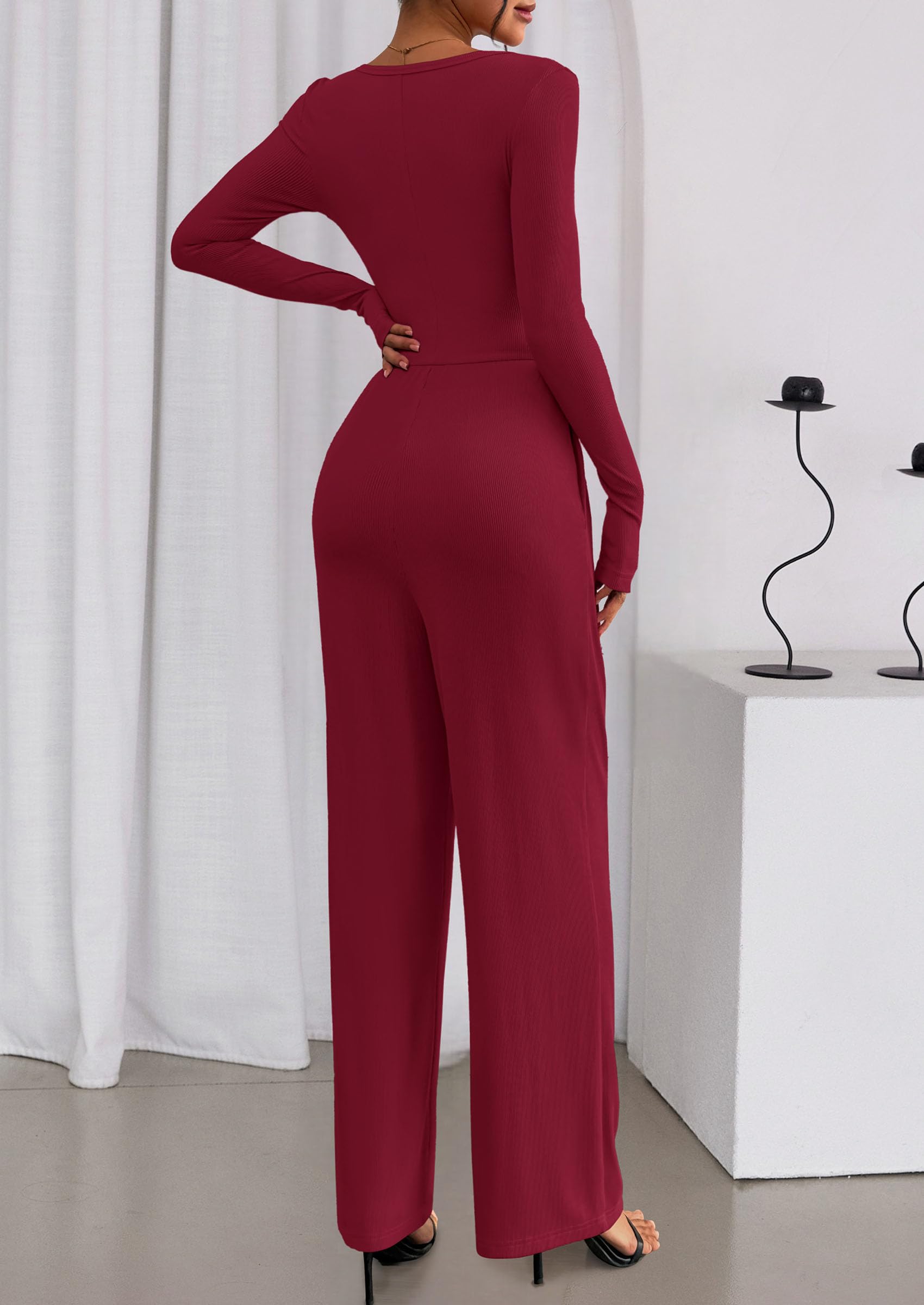PRETTYGARDEN Jumpsuits for Women Dressy Casual Fall One Piece Outfits Long Sleeve Crew Neck Wide Leg Pants Rompers