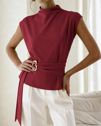 PRETTYGARDEN Women Blouses Spring Dressy Cap Sleeve Mock Neck Work Shirts Buckle Tunic Summer Business Casual Tops PRETTYGARDEN