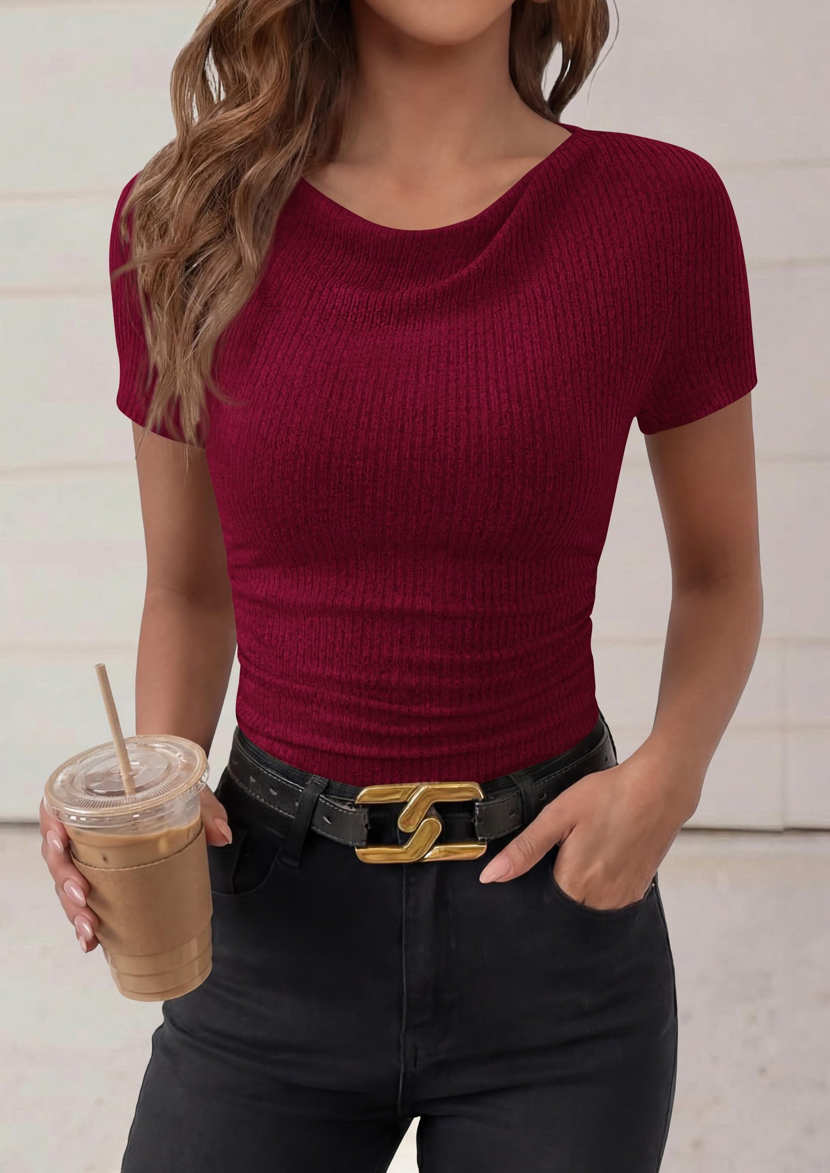 PRETTYGARDEN Womens Summer Tops Cute Cowl Neck Short Sleeve Shirts Ribbed Knit Fitted Crop Top Spring Ruched Blouse PRETTYGARDEN