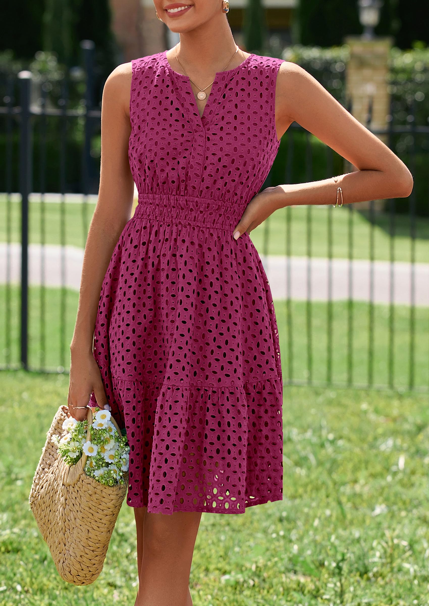 PRETTYGARDEN Women's Summer Dresses Sleeveless V Neck Eyelet Hollow Out Swing A Line Beach Vacation Sun Dress PRETTYGARDEN