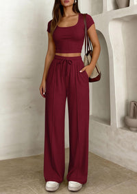 PRETTYGARDEN Women's 2 Piece Matching Lounge Sets Ribbed Short Sleeve Crop Tops Wide Leg Pants Summer Airport Outfits PRETTYGARDEN