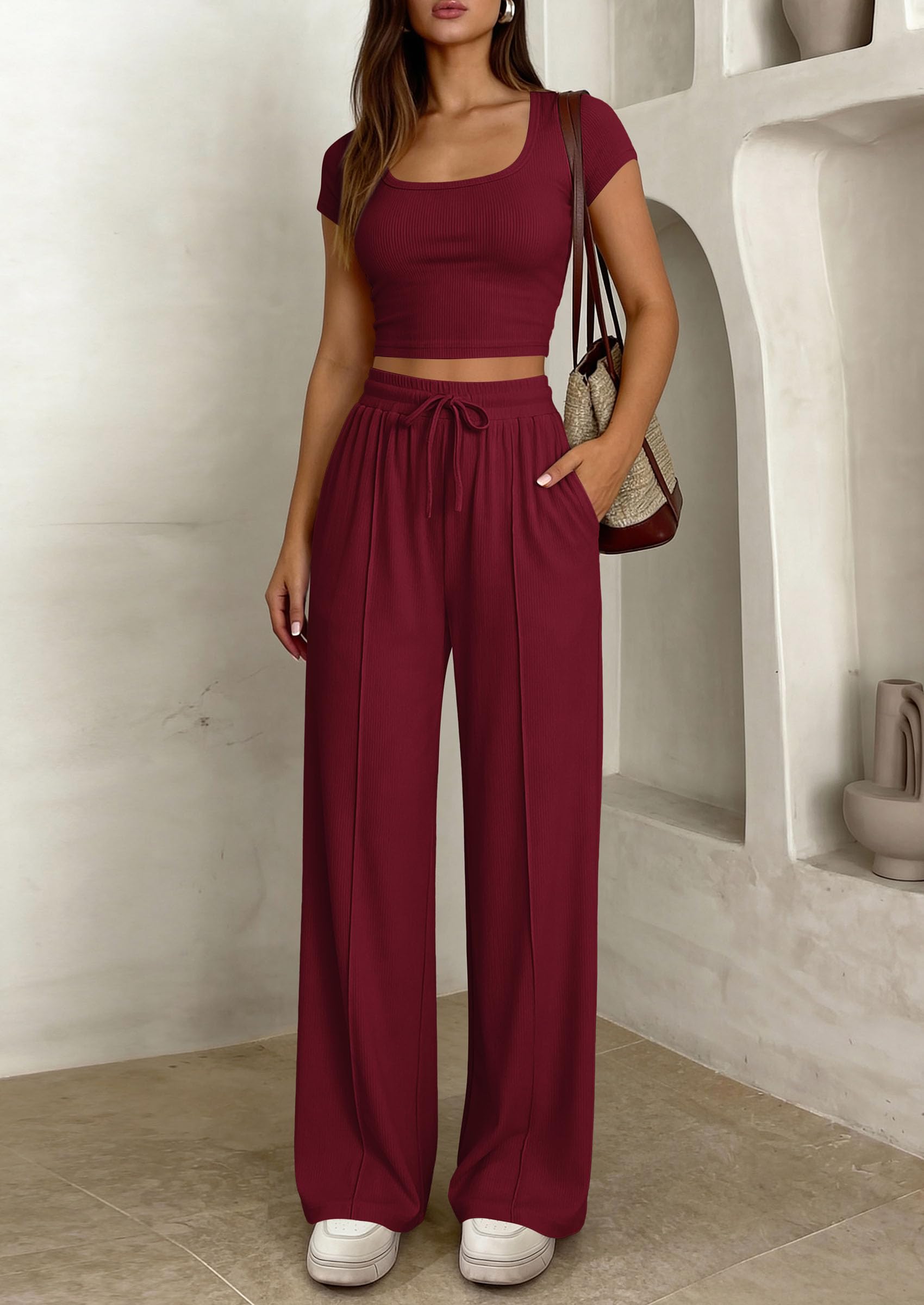 PRETTYGARDEN Women's 2 Piece Matching Lounge Sets Ribbed Short Sleeve Crop Tops Wide Leg Pants Summer Airport Outfits PRETTYGARDEN