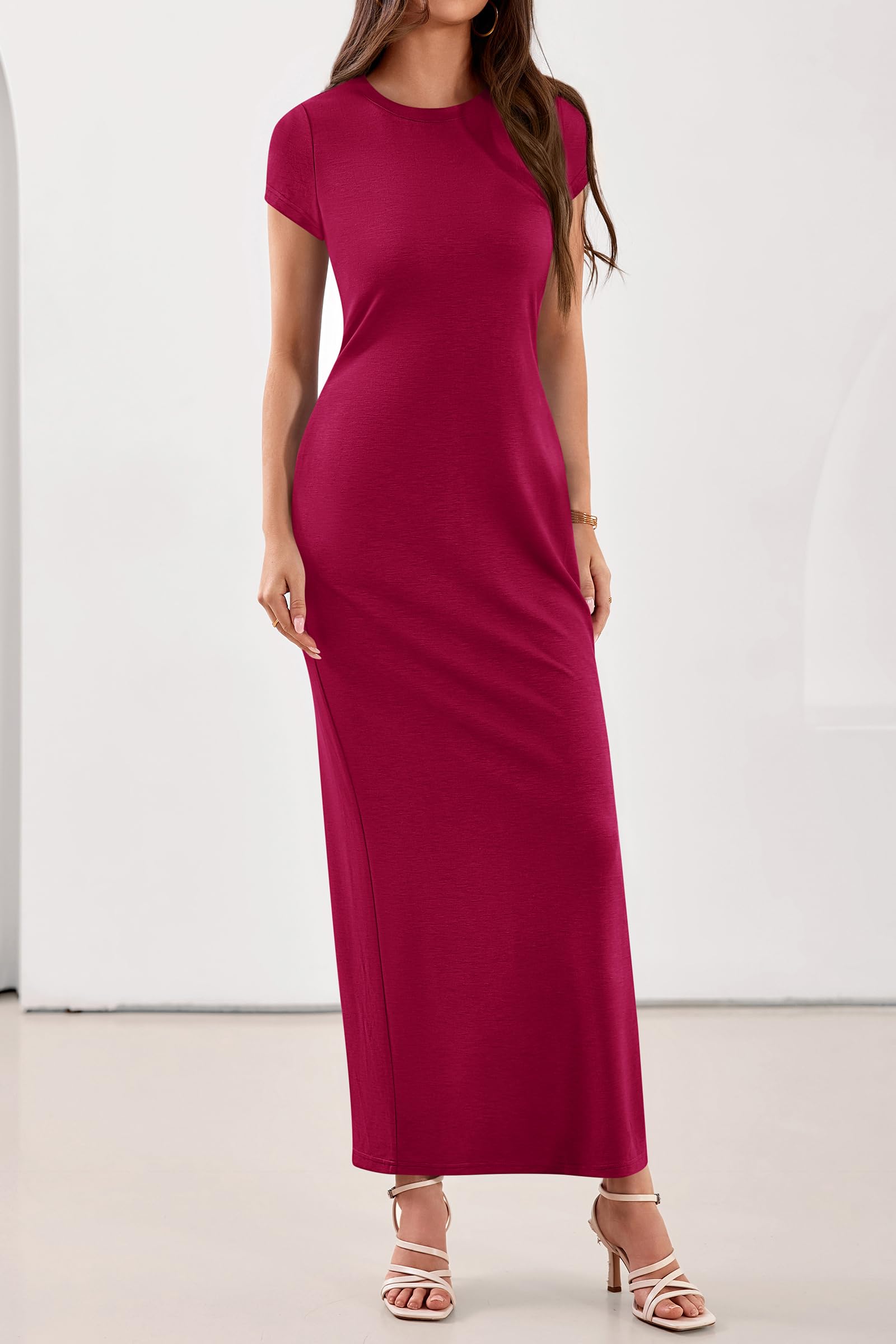 PRETTYGARDEN Womens Summer Maxi Dresses Casual Short Sleeve Crewneck Knit Slit T Shirt Dress Spring Long Beach Sundress PRETTYGARDEN