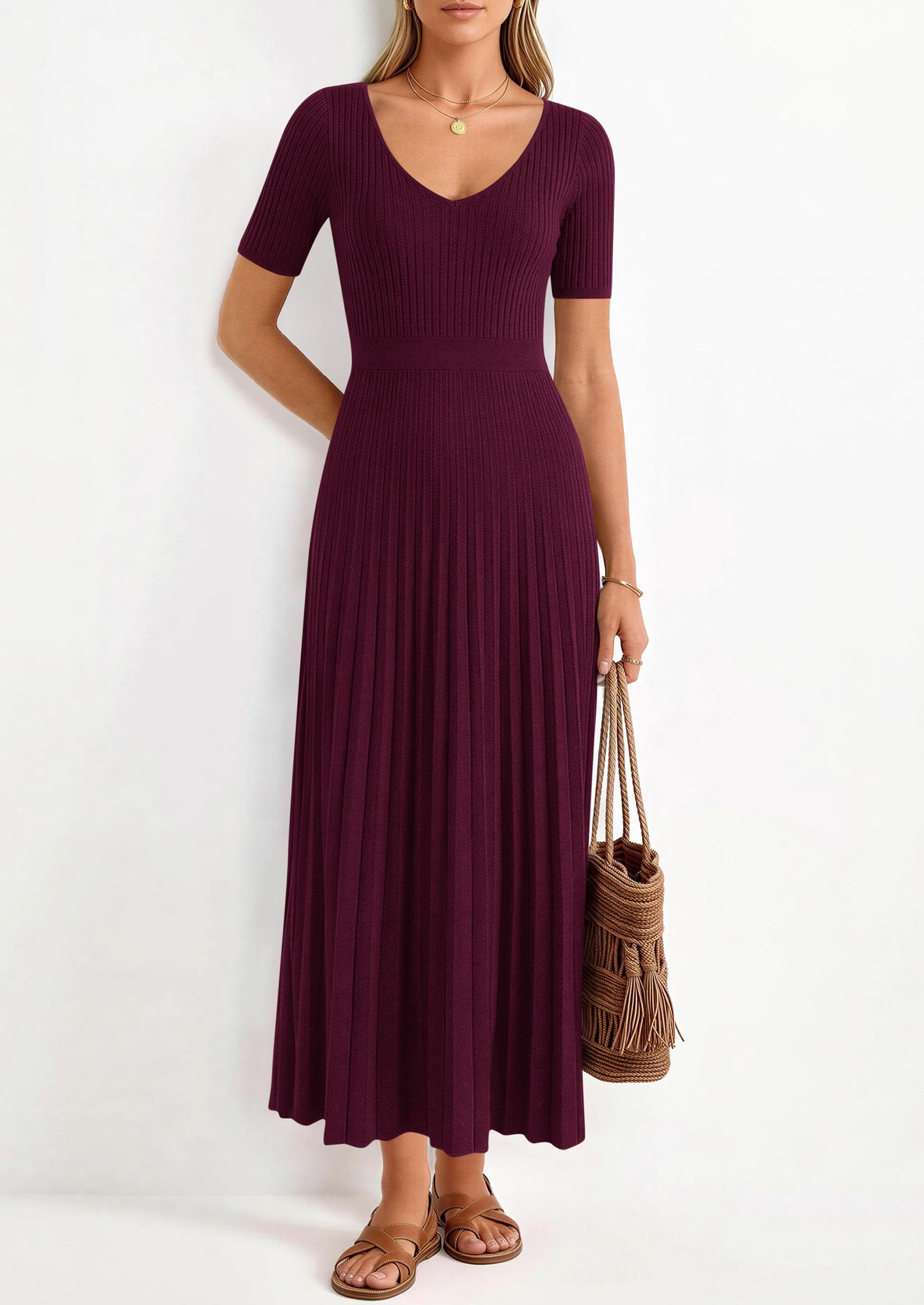 PRETTYGARDEN Women's Spring Midi Sweater Dresses Elegant Pleated Ribbed Knit Short Sleeve V Neck A Line Summer Outfits PRETTYGARDEN