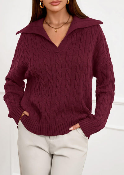 PRETTYGARDEN Fall Cable Knit Oversized Sweaters for Women Polo V Neck Long Sleeve Casual Chunky Sweater Pullover Tops PRETTYGARDEN