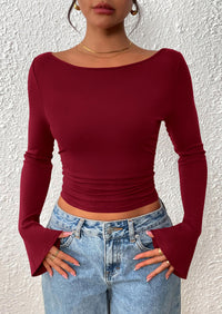 PRETTYGARDEN Women's Long Sleeve Shirts Fall Going Out Tops Casual Boat Neck Bell Sleeve Ribbed Ruched Y2K Clothes