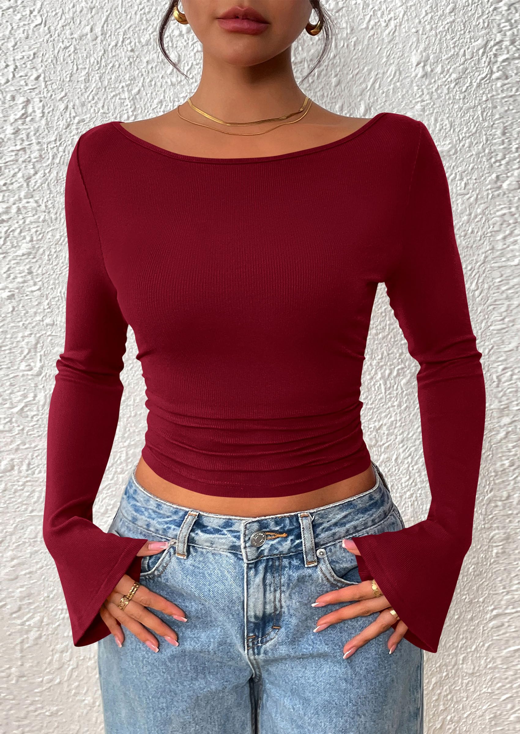 PRETTYGARDEN Women's Long Sleeve Shirts Fall Going Out Tops Casual Boat Neck Bell Sleeve Ribbed Ruched Y2K Clothes