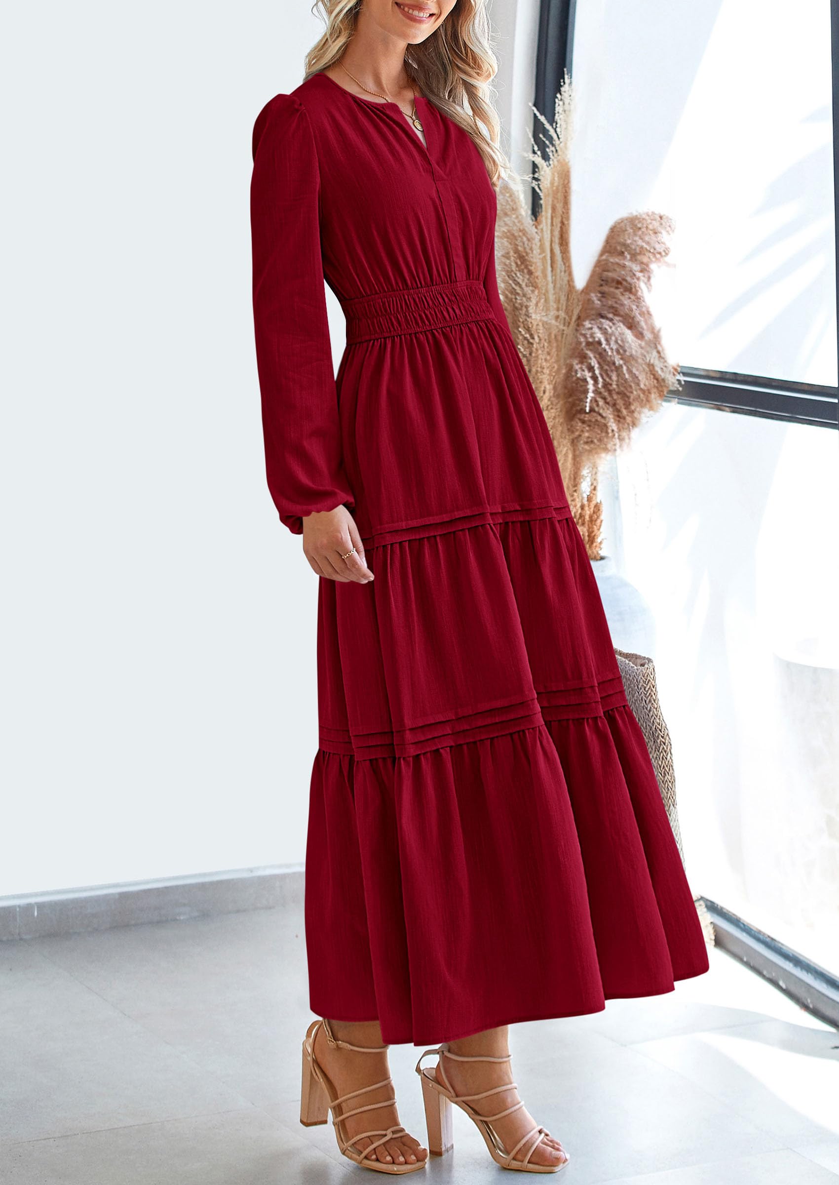 PRETTYGARDEN Women's Elegant Maxi Dresses Long Sleeve V Neck Flowy Pockets Casual Modest Dress Fall Fashion Clothes