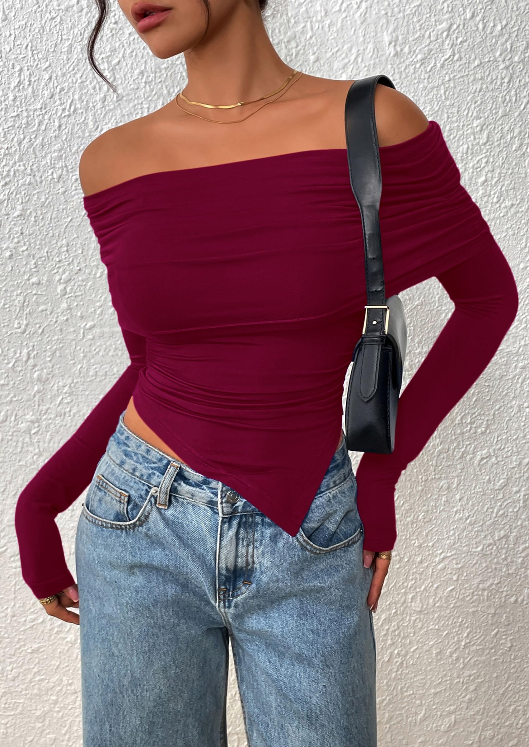 PRETTYGARDEN Women's Long Sleeve Shirts Off Shoulder Tops Going Out Slim Fitted Y2K Blouses Fall Fashion Clothes