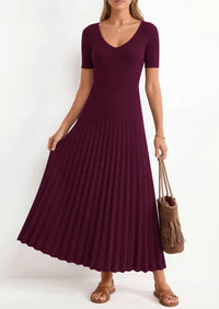 PRETTYGARDEN Women's Spring Midi Sweater Dresses Elegant Pleated Ribbed Knit Short Sleeve V Neck A Line Summer Outfits PRETTYGARDEN