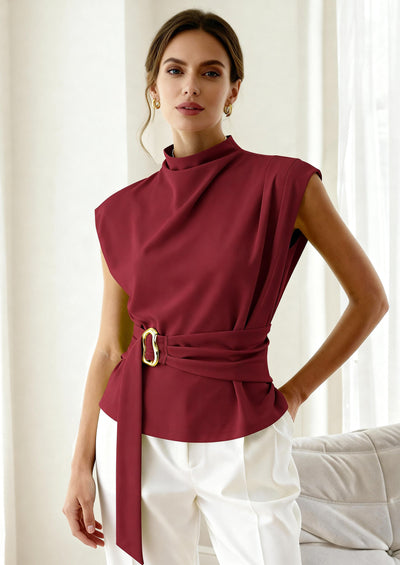 PRETTYGARDEN Women Blouses Spring Dressy Cap Sleeve Mock Neck Work Shirts Buckle Tunic Summer Business Casual Tops PRETTYGARDEN