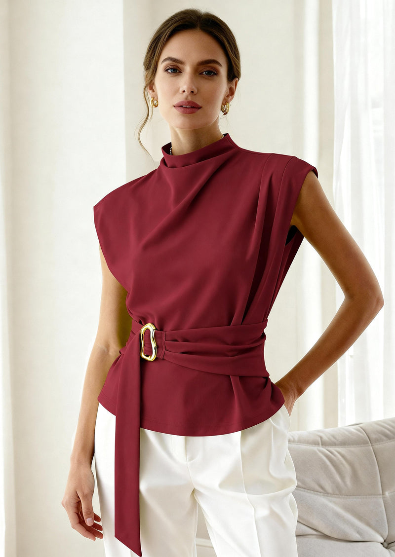 PRETTYGARDEN Women Blouses Spring Dressy Cap Sleeve Mock Neck Work Shirts Buckle Tunic Summer Business Casual Tops PRETTYGARDEN