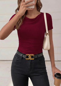 PRETTYGARDEN Womens Summer Tops Cute Cowl Neck Short Sleeve Shirts Ribbed Knit Fitted Crop Top Spring Ruched Blouse PRETTYGARDEN