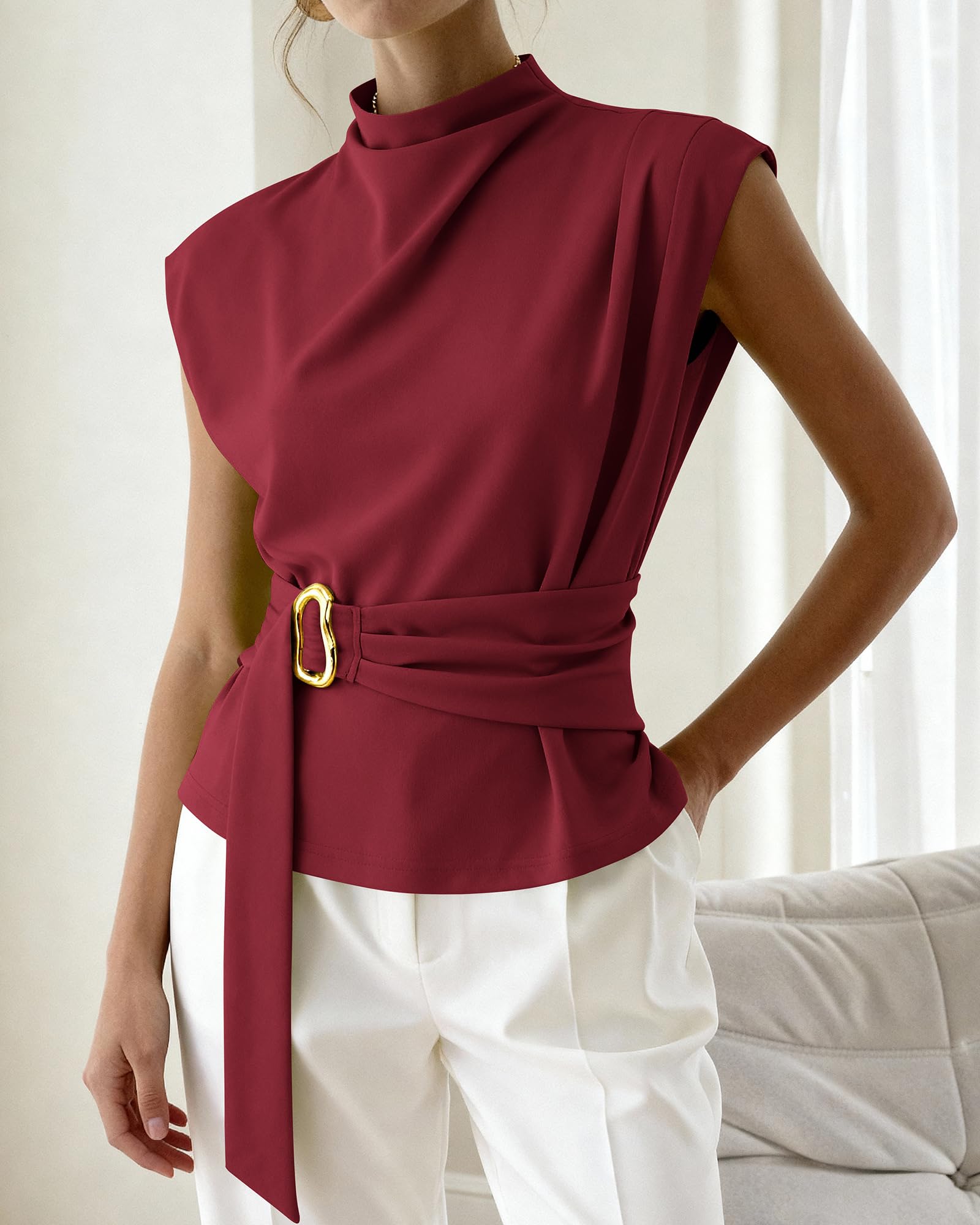 PRETTYGARDEN Women Blouses Spring Dressy Cap Sleeve Mock Neck Work Shirts Buckle Tunic Summer Business Casual Tops PRETTYGARDEN