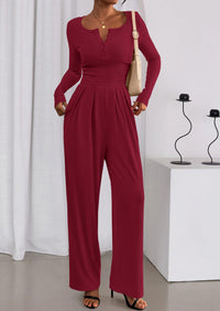 PRETTYGARDEN Jumpsuits for Women Dressy Casual Fall One Piece Outfits Long Sleeve Crew Neck Wide Leg Pants Rompers