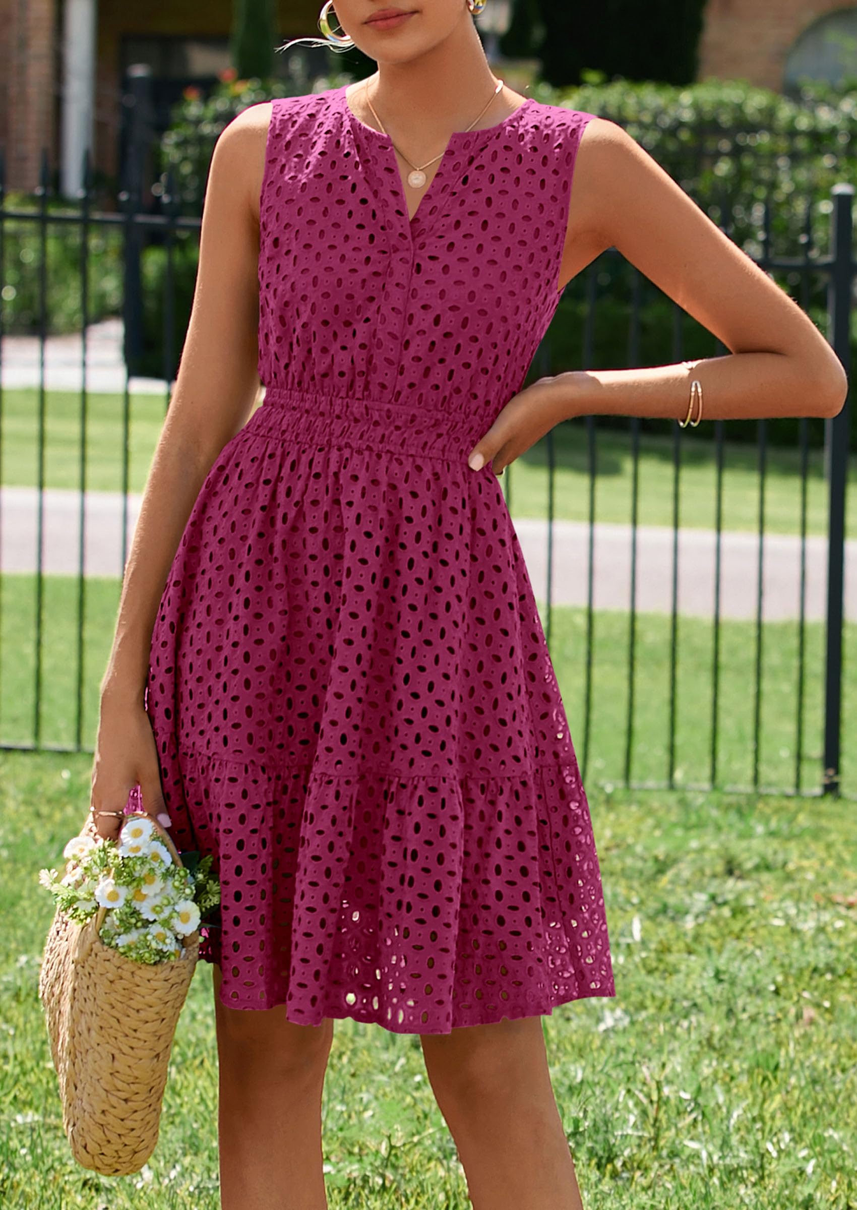 PRETTYGARDEN Women's Summer Dresses Sleeveless V Neck Eyelet Hollow Out Swing A Line Beach Vacation Sun Dress PRETTYGARDEN