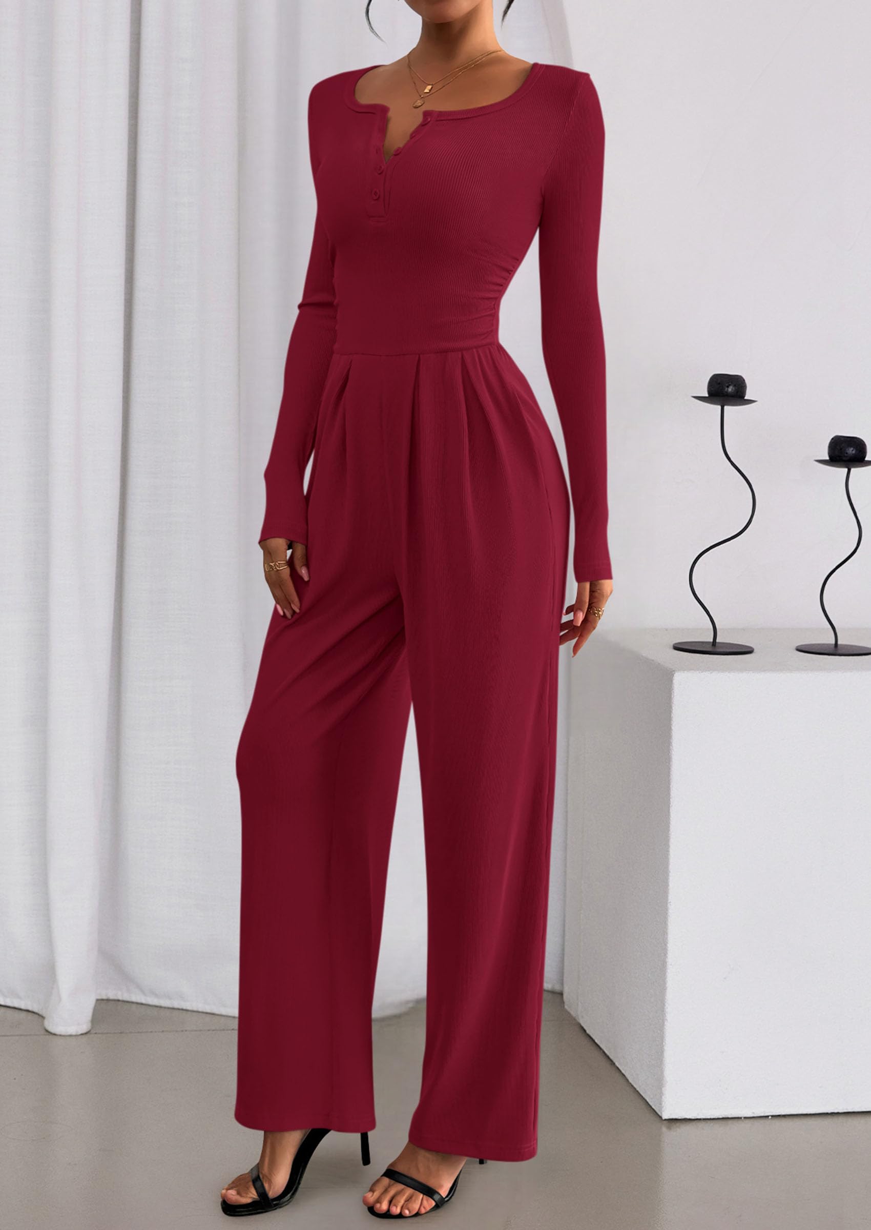 PRETTYGARDEN Jumpsuits for Women Dressy Casual Fall One Piece Outfits Long Sleeve Crew Neck Wide Leg Pants Rompers