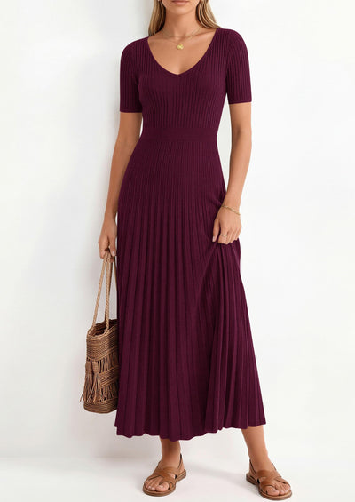 PRETTYGARDEN Women's Spring Midi Sweater Dresses Elegant Pleated Ribbed Knit Short Sleeve V Neck A Line Summer Outfits PRETTYGARDEN