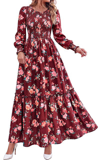 PRETTYGARDEN Womens Long Sleeve Floral Casual Fall Dresses with Pockets Crewneck Smocked Flowy A Line Tiered Boho Maxi Dress, Elegant Classy Wedding Guest Cocktail Party Beach Vacation Outfits