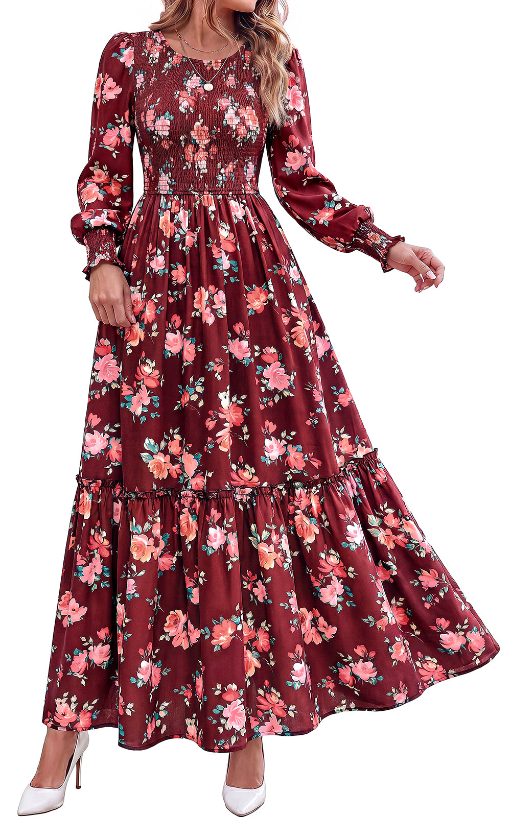 PRETTYGARDEN Womens Long Sleeve Floral Casual Fall Dresses with Pockets Crewneck Smocked Flowy A Line Tiered Boho Maxi Dress, Elegant Classy Wedding Guest Cocktail Party Beach Vacation Outfits