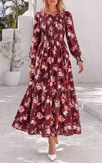 PRETTYGARDEN Womens Long Sleeve Floral Casual Fall Dresses with Pockets Crewneck Smocked Flowy A Line Tiered Boho Maxi Dress, Elegant Classy Wedding Guest Cocktail Party Beach Vacation Outfits