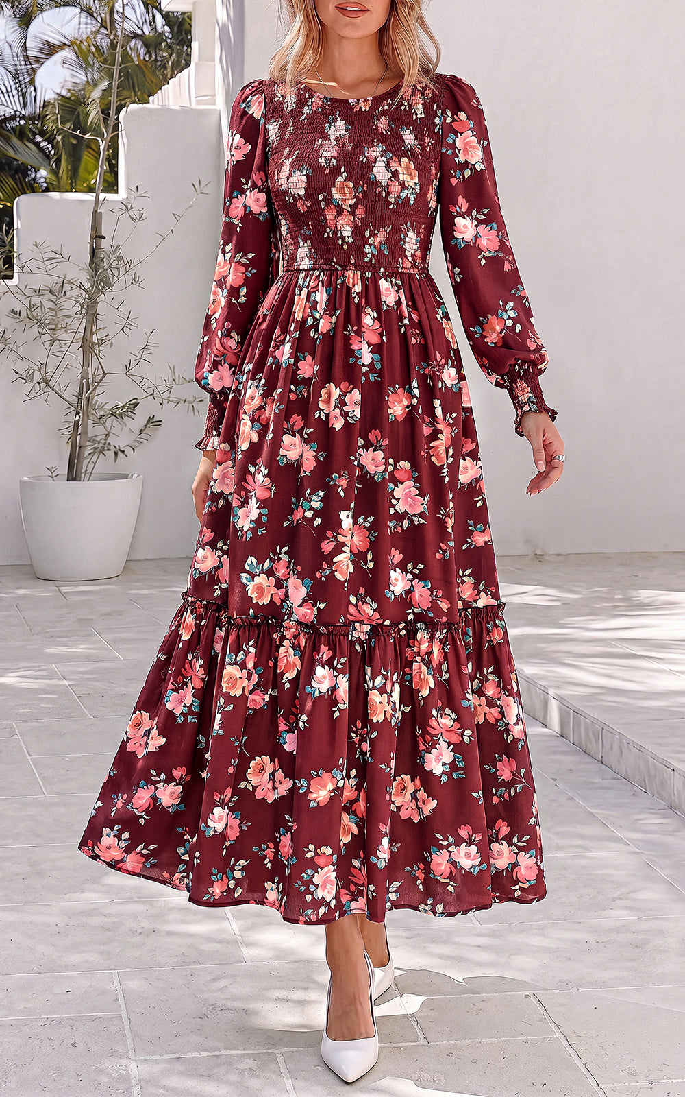 PRETTYGARDEN Womens Long Sleeve Floral Casual Fall Dresses with Pockets Crewneck Smocked Flowy A Line Tiered Boho Maxi Dress, Elegant Classy Wedding Guest Cocktail Party Beach Vacation Outfits