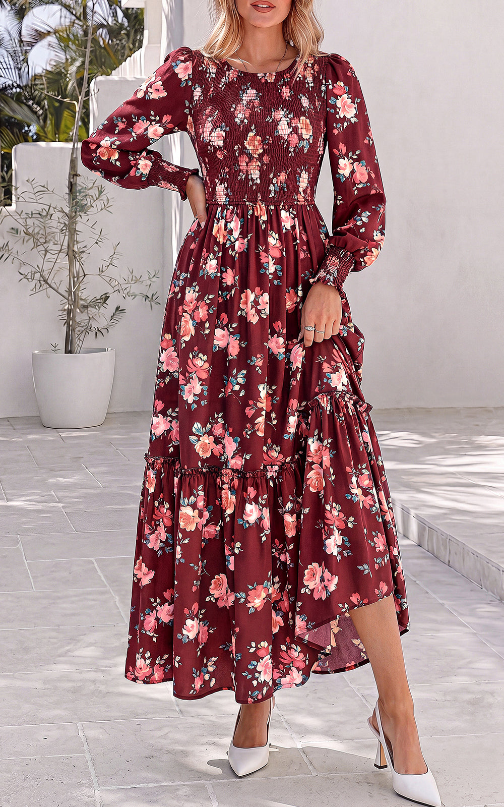 PRETTYGARDEN Womens Long Sleeve Floral Casual Fall Dresses with Pockets Crewneck Smocked Flowy A Line Tiered Boho Maxi Dress, Elegant Classy Wedding Guest Cocktail Party Beach Vacation Outfits