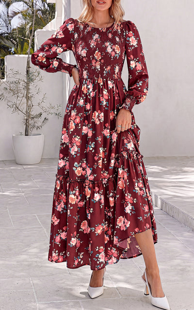 PRETTYGARDEN Womens Long Sleeve Floral Casual Fall Dresses with Pockets Crewneck Smocked Flowy A Line Tiered Boho Maxi Dress, Elegant Classy Wedding Guest Cocktail Party Beach Vacation Outfits