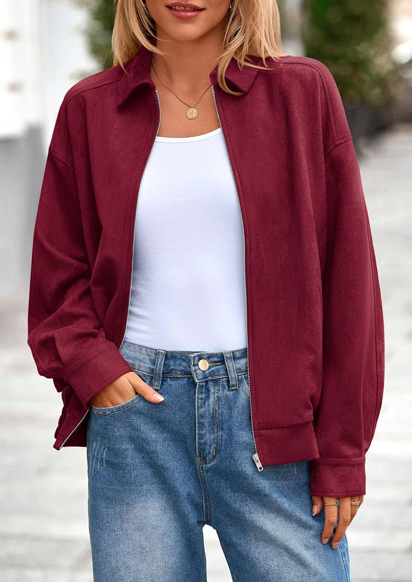 PRETTYGARDEN Women's Faux Suede Motorcycle Jacket Trendy Fall Fashion Oversized Zip Up Coats Winter Clothes Outerwear