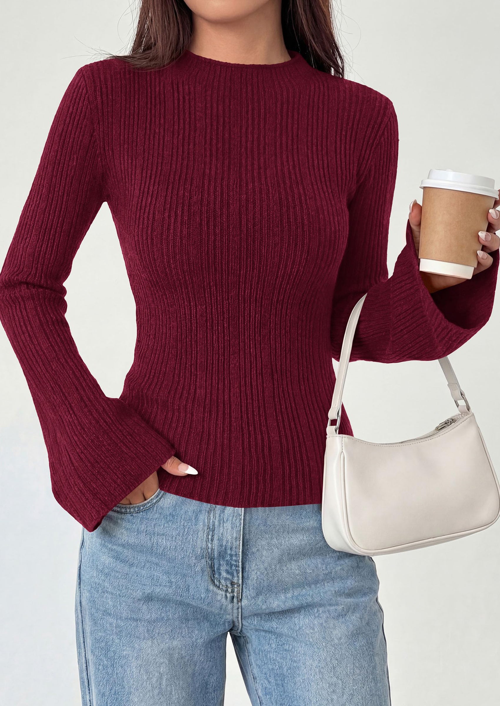 PRETTYGARDEN Sweaters for Women Lightweight Mock Neck Bell Long Sleeve Fitted Tops Ribbed Pullover Fall Fashion Clothing