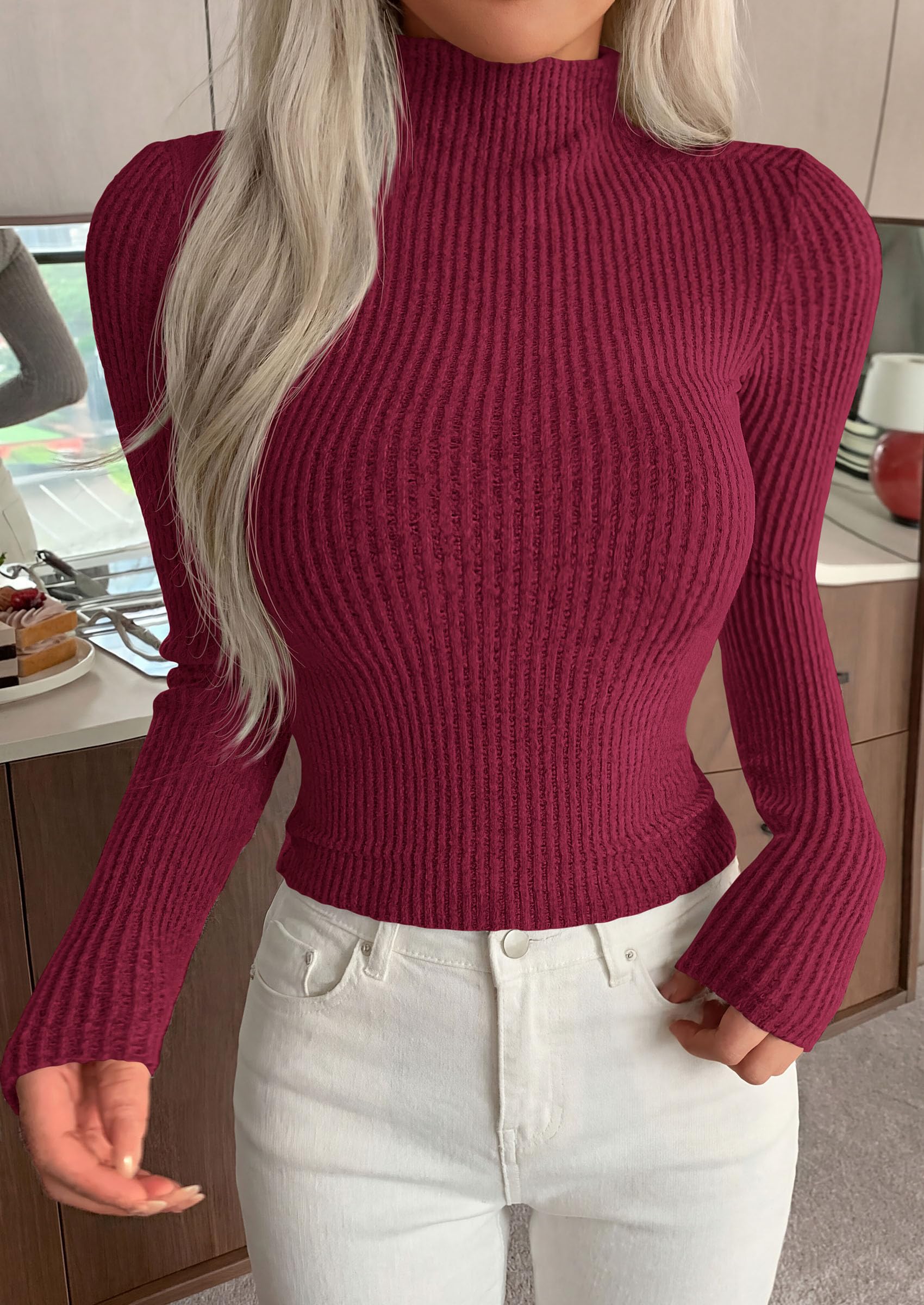 PRETTYGARDEN Long Sleeve T Shirts for Women Fall Fashion Mock Neck Fitted Ribbed Tee Tops Casual Basic Winter Clothing