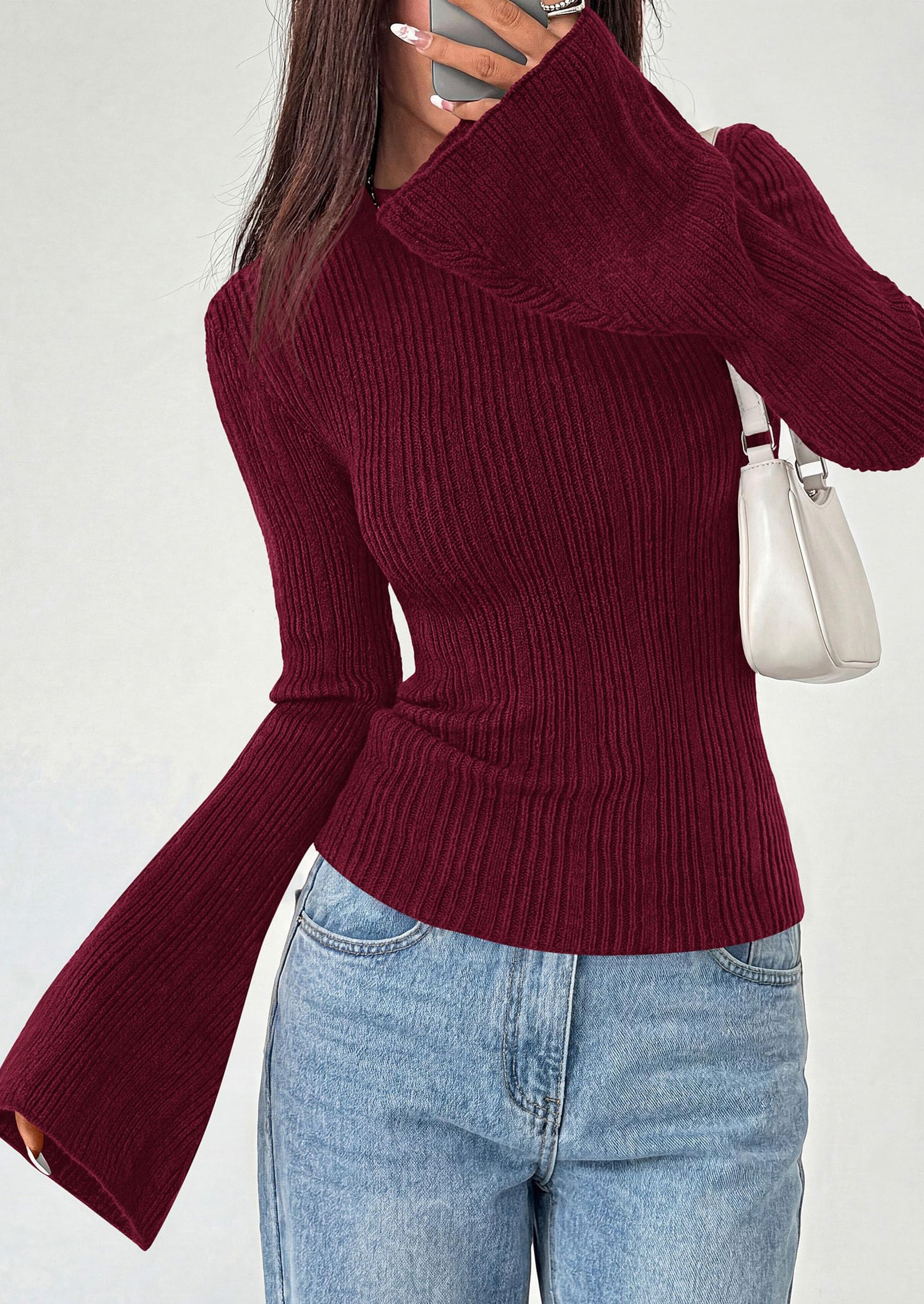 PRETTYGARDEN Sweaters for Women Lightweight Mock Neck Bell Long Sleeve Fitted Tops Ribbed Pullover Fall Fashion Clothing