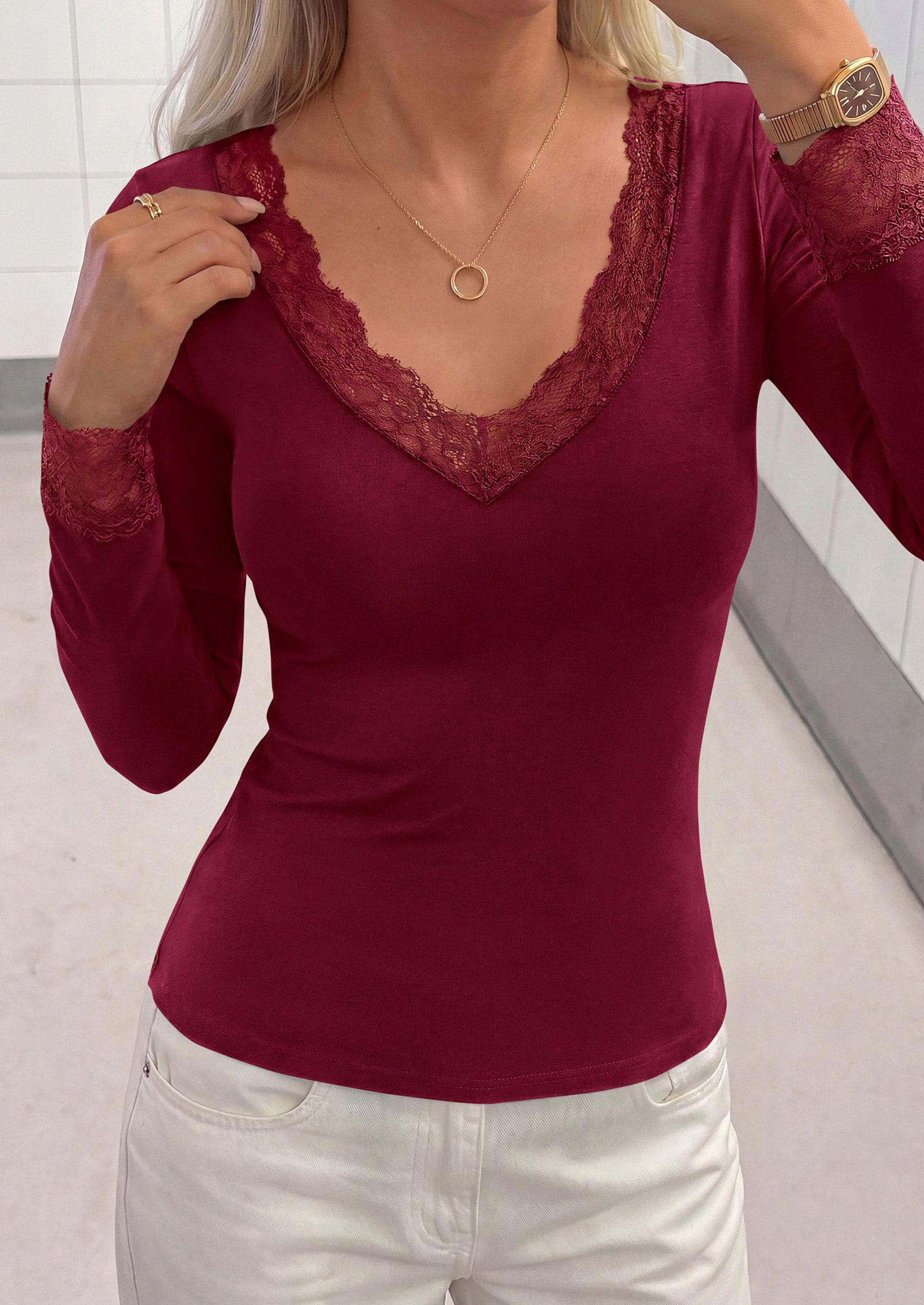 PRETTYGARDEN Womens Long Sleeve Shirts Cute Lace V Neck Tops Trendy Going Out Crop Top Sexy Stretchy Fitted Blouses Fall Clothes Dressy Work Office Outfit Casual Layering Tops