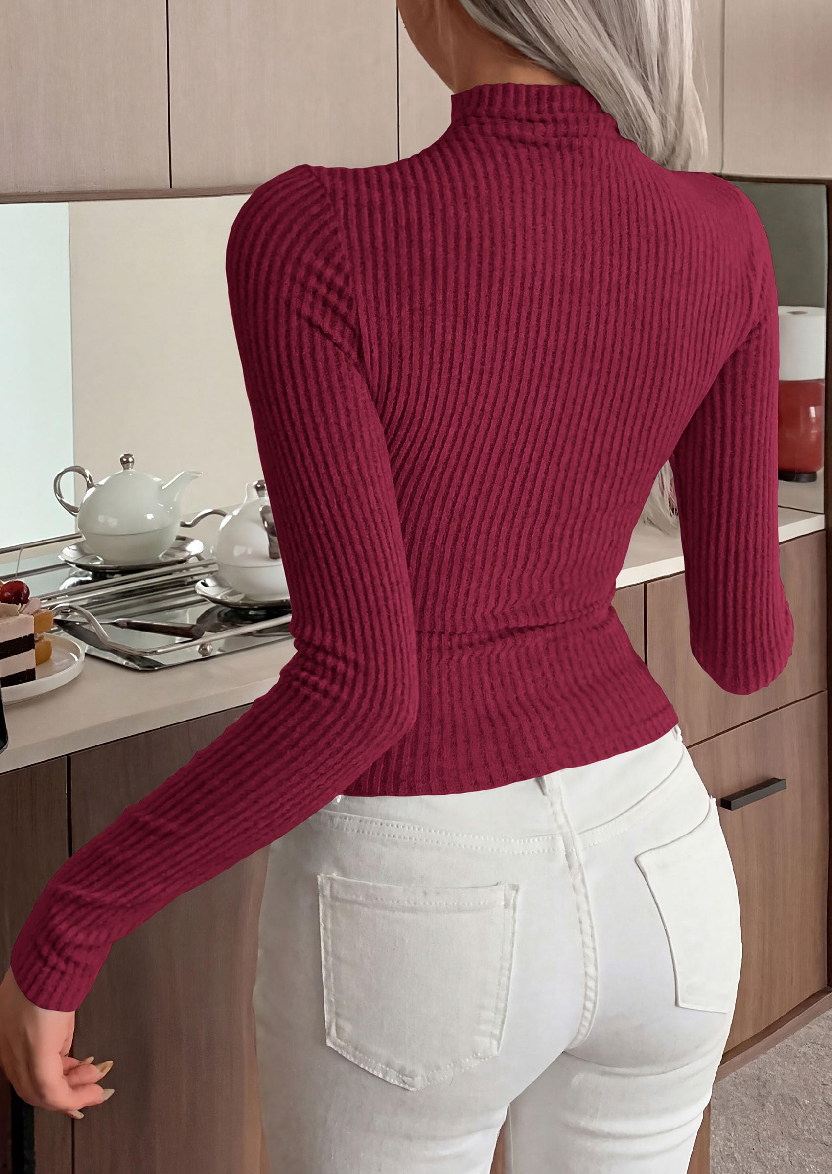 PRETTYGARDEN Long Sleeve T Shirts for Women Fall Fashion Mock Neck Fitted Ribbed Tee Tops Casual Basic Winter Clothing