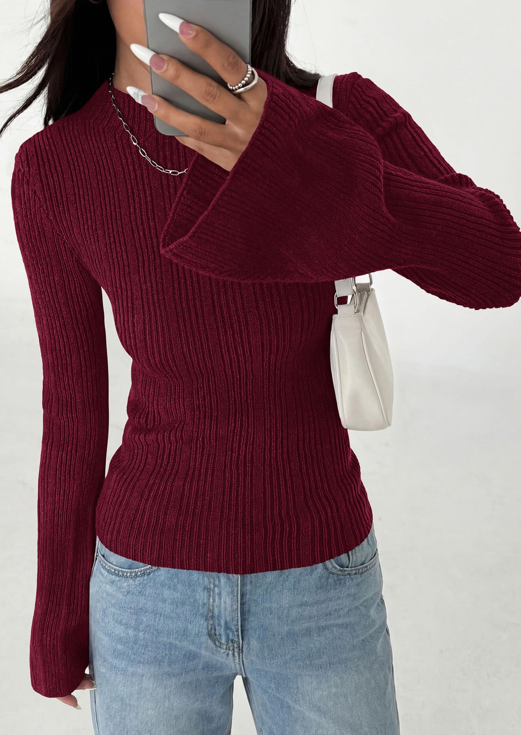 PRETTYGARDEN Sweaters for Women Lightweight Mock Neck Bell Long Sleeve Fitted Tops Ribbed Pullover Fall Fashion Clothing