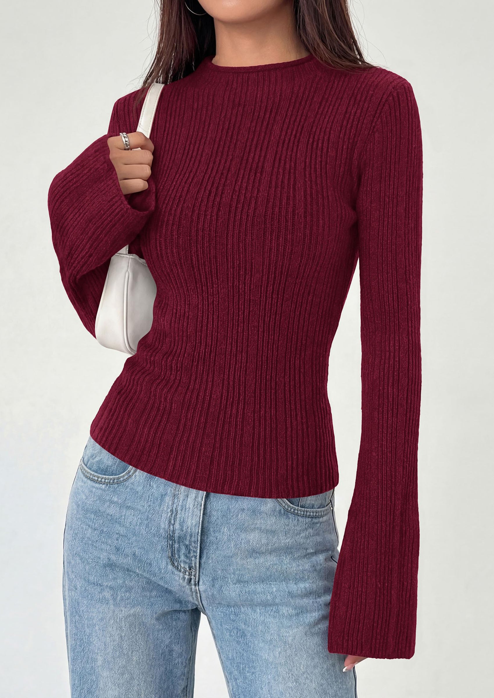 PRETTYGARDEN Sweaters for Women Lightweight Mock Neck Bell Long Sleeve Fitted Tops Ribbed Pullover Fall Fashion Clothing