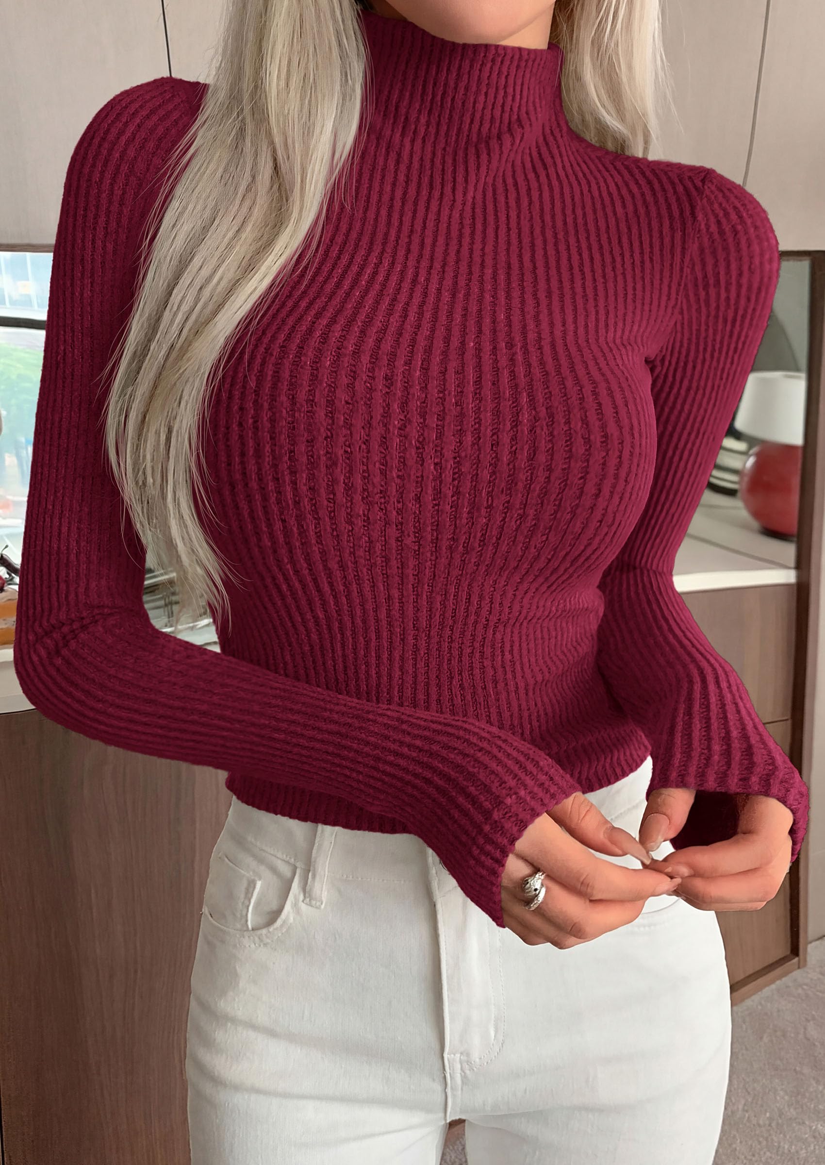 PRETTYGARDEN Long Sleeve T Shirts for Women Fall Fashion Mock Neck Fitted Ribbed Tee Tops Casual Basic Winter Clothing