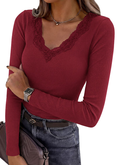 PRETTYGARDEN Women's Long Sleeve Shirts Lace Trim V Neck Ribbed Slim Fitted Basic Tees Y2K Going Out Tops 2026 Fall Clothes