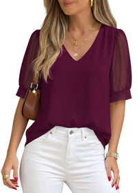 PRETTYGARDEN Womens Tops Dressy Casual Puff Sleeve Chiffon Blouses V Neck Business Work Shirts 2026 Summer Fashion Clothing