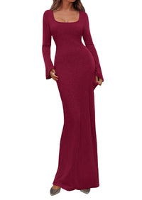 PRETTYGARDEN Women's Fall Long Sleeve Maxi Bodycon Dresses | Soft Stretchy Ribbed Knit, Bell Sleeve Square Neck Mermaid, Elegant Long Dress, Wedding Guest Party, 2026 Winter Clothing