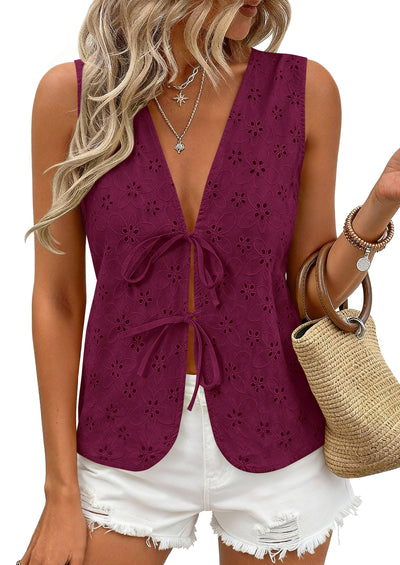 PRETTYGARDEN Women 2026 Summer Tie Front Eyelet Tank Tops Trendy Floral Vest Sleeveless V Neck Dressy Blouse Vacation Outfits PRETTYGARDEN