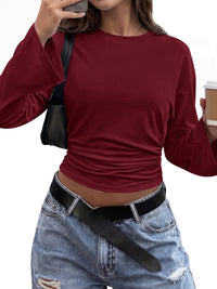 Classic Crewneck Ruched Waist Tee Shirts, Casual Fitted Cute Top, Soft Basic Layering, Y2k Fall Outfits, Fashion Clothing