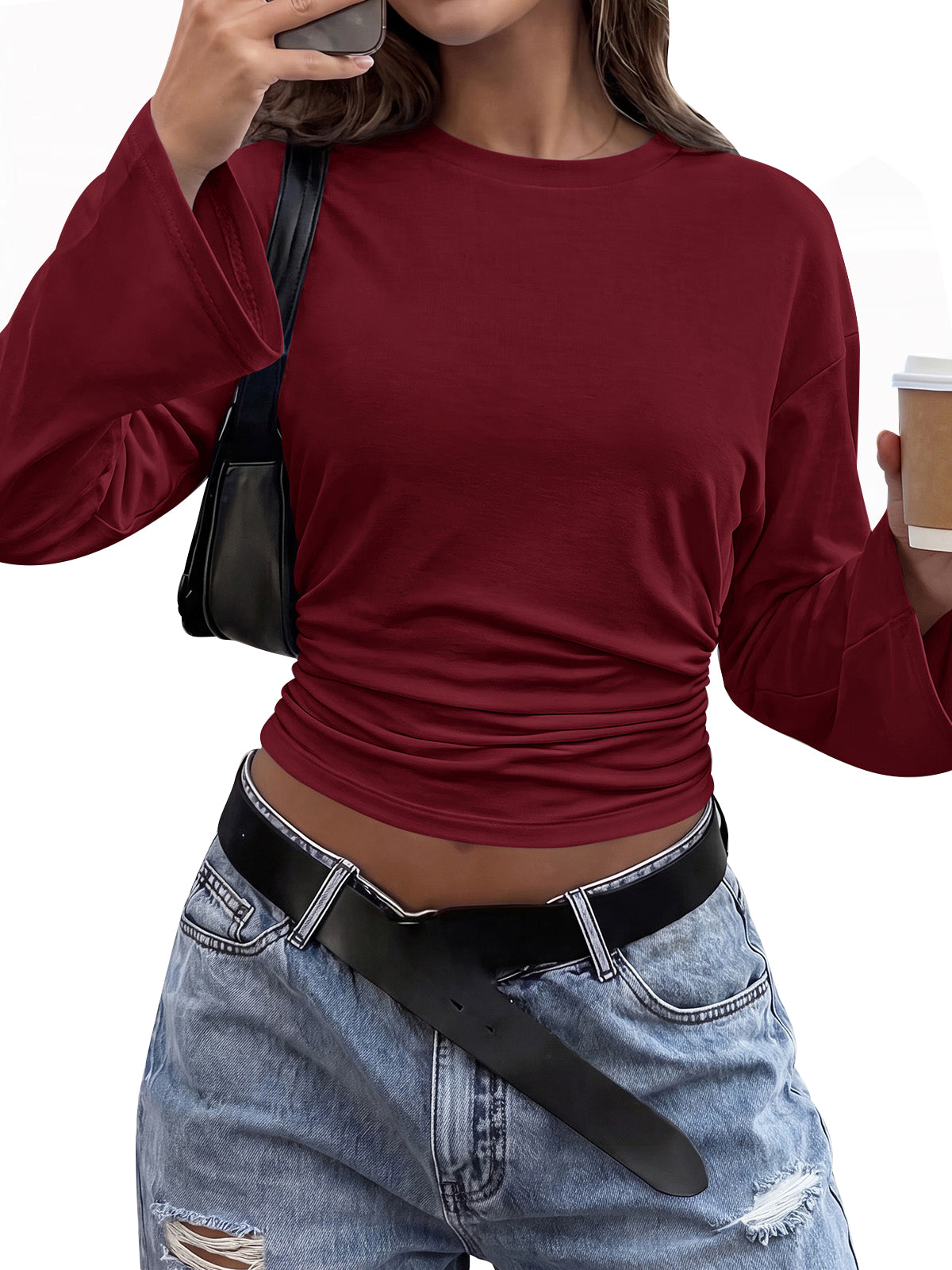 Classic Crewneck Ruched Waist Tee Shirts, Casual Fitted Cute Top, Soft Basic Layering, Y2k Fall Outfits, Fashion Clothing