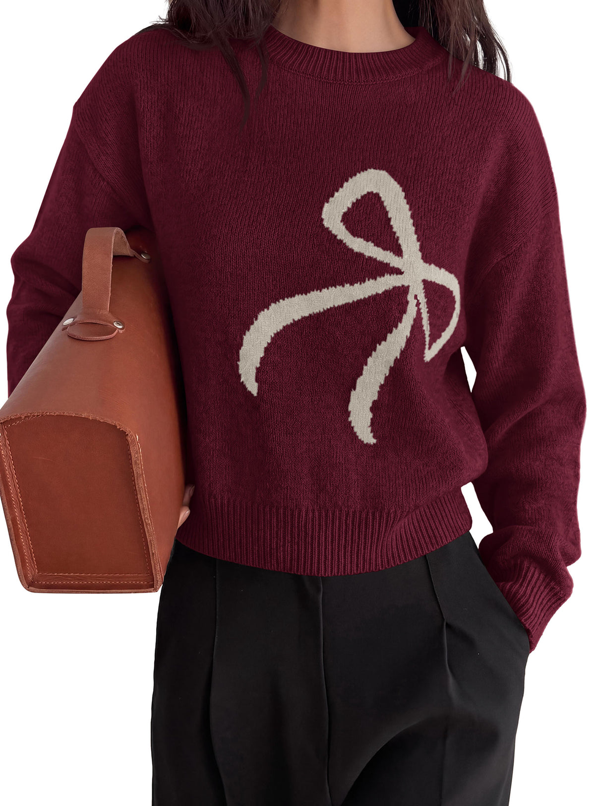 PRETTYGARDEN Womens Bow Sweater Cute Crewneck Long Sleeve Tops Fall Outfits  Soft Cozy Knit Pullover,Relaxed Fit,Holiday Sweaters,Daily Wear,Work Office,Casual Going Out Y2k Tops,Winter Fashion Clothing