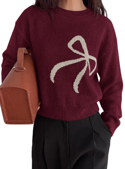 PRETTYGARDEN Womens Bow Sweater Cute Crewneck Long Sleeve Tops Fall Outfits  Soft Cozy Knit Pullover,Relaxed Fit,Holiday Sweaters,Daily Wear,Work Office,Casual Going Out Y2k Tops,Winter Fashion Clothing