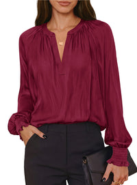 PRETTYGARDEN Women's Satin Blouses V Neck Long Sleeve Tops | Dressy Silk Shirts, Smocked Cuff, Balloon Sleeves, Smooth & Soft, Work Office Wear, Business Casual Outfits, Fall Clothes