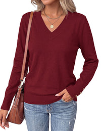 PRETTYGARDEN Fall Sweaters for Women V Neck Lightweight Pullover  Soft Knit Sweater Tops,Long Sleeve,Slit Cuffs with Decorative Button,Work Business Casual Outfits,Layering Winter Clothes